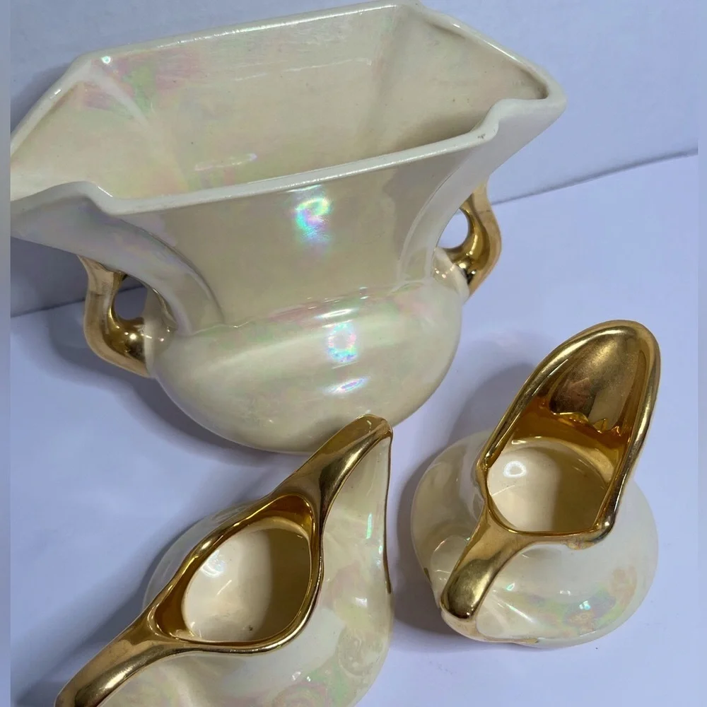 Vintage Pearl China Co. 3-Piece Lusterware Console Set 22K Gold Trim USA